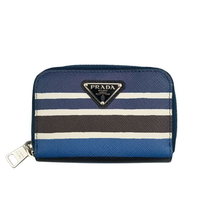Prada Coin Case Triangle Logo 2 mm 003 Blue Black White Saffiano Baiade Zip