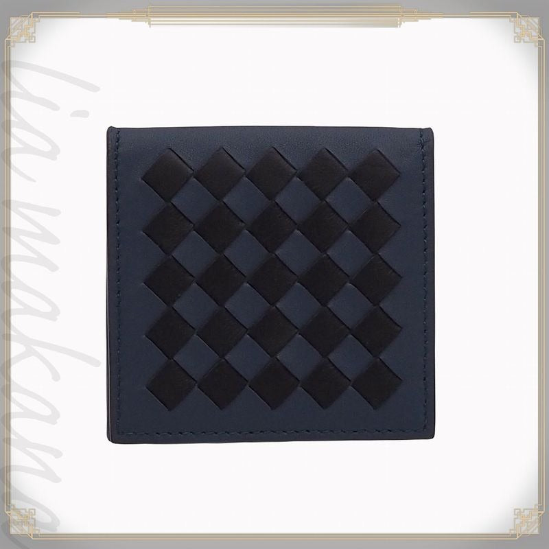 Bottega Veneta Intrecciato Calfskin Black Deep Blue Folding Coin Purse