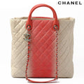 Chanel Tote Shoulder Bag Coral Pink Ivory Caviar Leather 2-Way