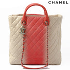 Chanel Tote Shoulder Bag Coral Pink Ivory Caviar Leather 2-Way