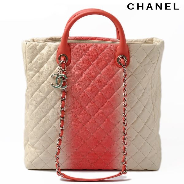 Chanel Tote Shoulder Bag Coral Pink Ivory Caviar Leather 2-Way