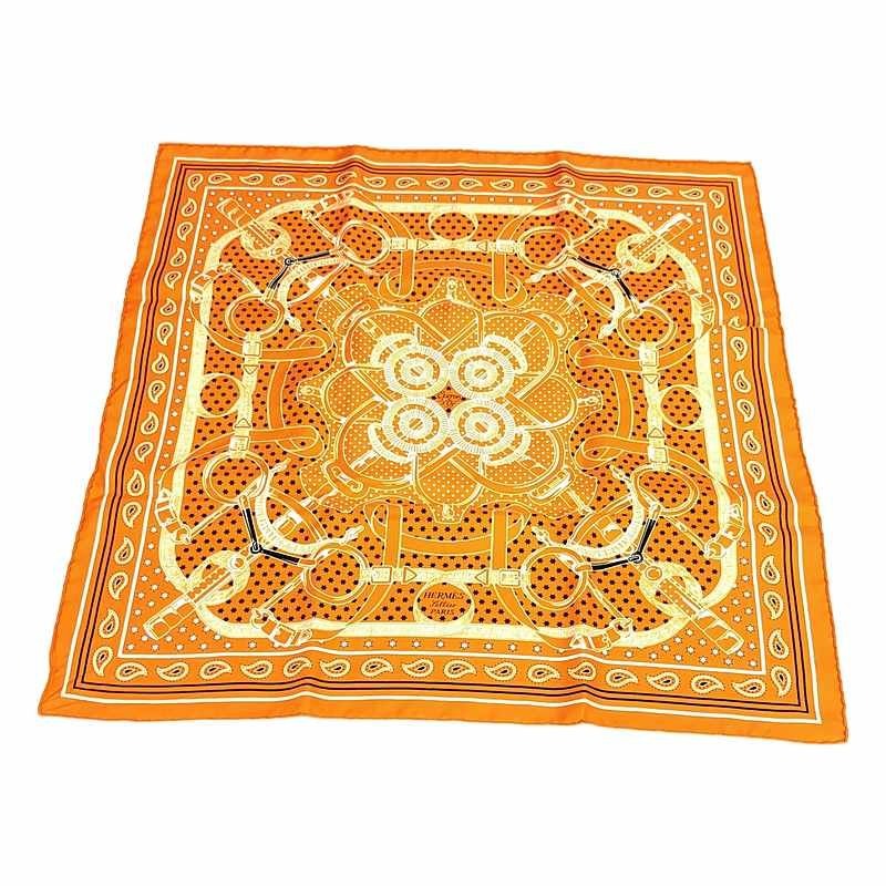 Hermes Carre 55 Apron D'or Golden Spur Silk Scarf Orange