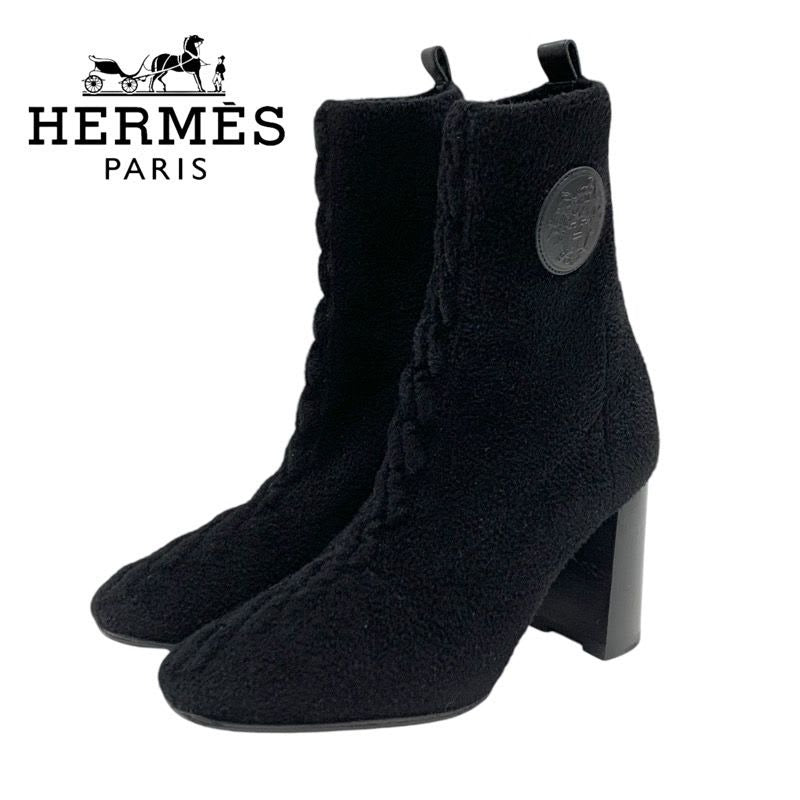 Hermes Jenna Boots Short Shoes Chenille Leather Black Socks
