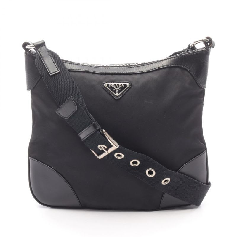 Prada Shoulder Bag Black Nylon Leather Triangle Logo