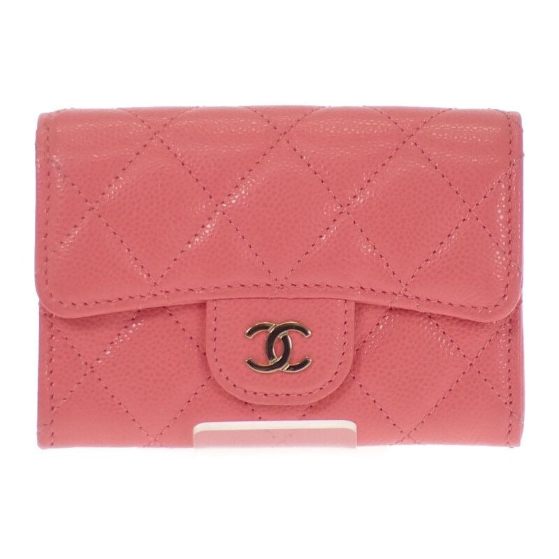 Chanel Classic Flap Card Case Coin Caviar Leather Pink CC Logo Gold Handbag