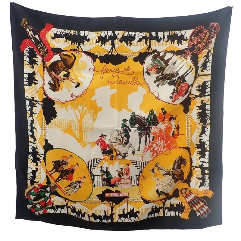 Hermes Carre 90 Ferea De Levlla Scarf Silk Black Yellow