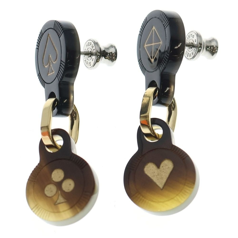 Hermes Fete Voges Earrings Playing Card Motif Buffalo Horn Metal Black