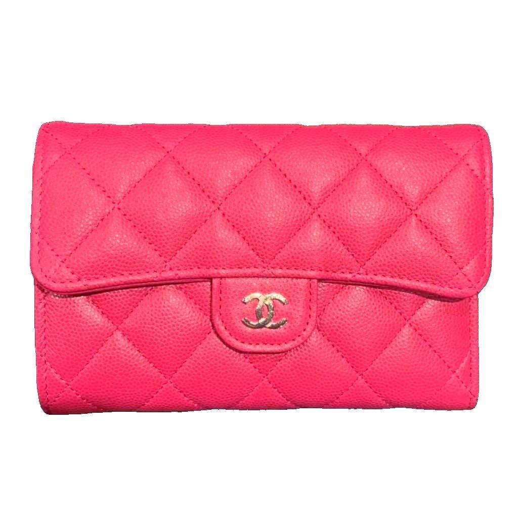 Chanel Quilted Leather Caviar Flap Wallet Bifold Pink