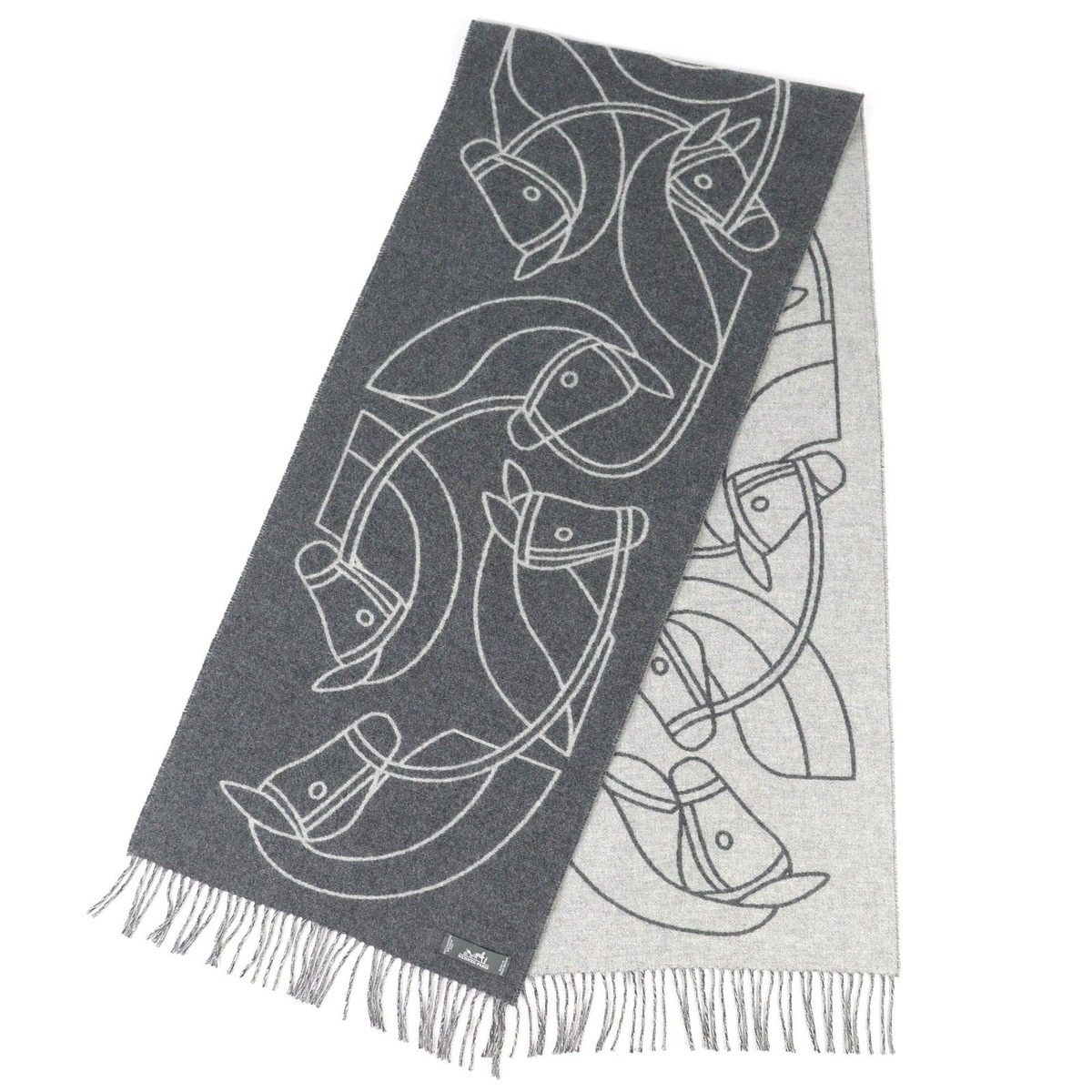 Hermes Entrelac Equestre Scarf Cashmere Horse Fringe Bicolor Gray — view 2