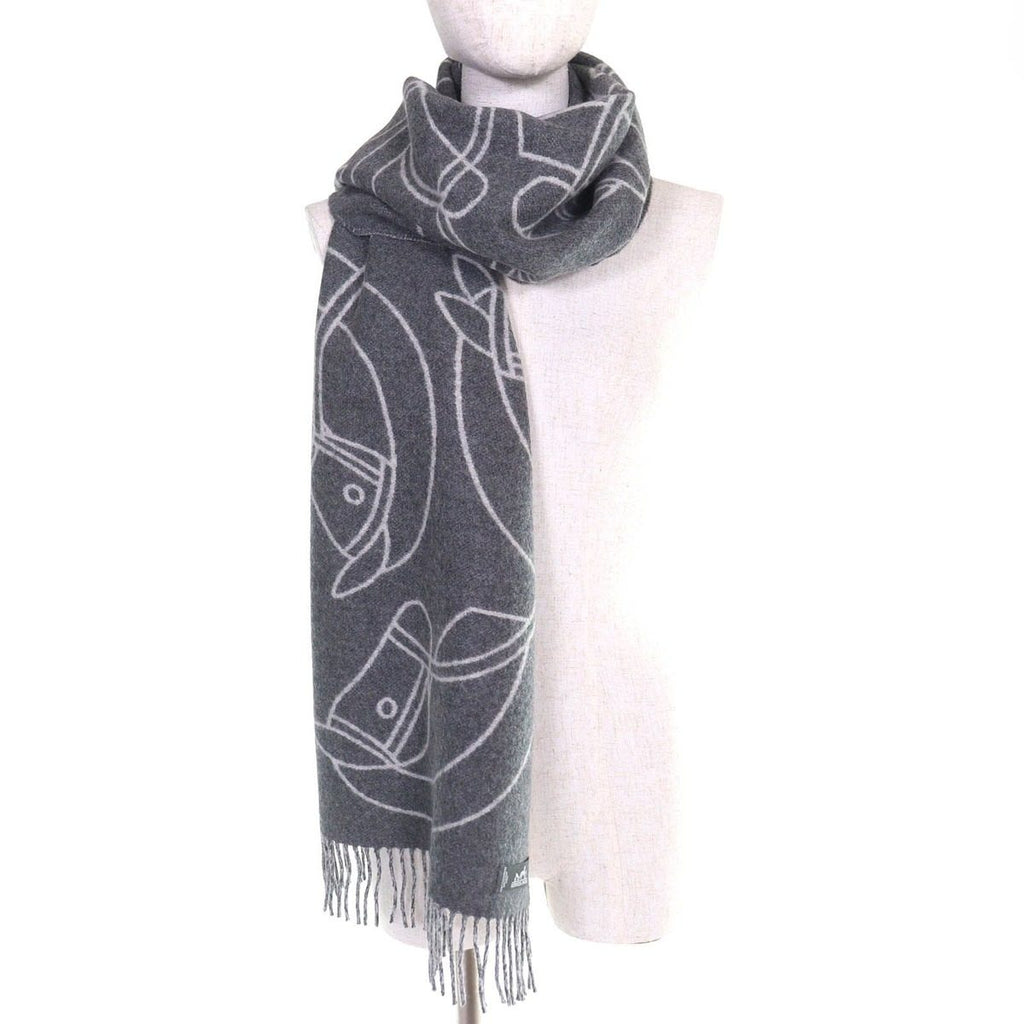 Hermes Entrelac Equestre Scarf Cashmere Horse Fringe Bicolor Gray — view 3