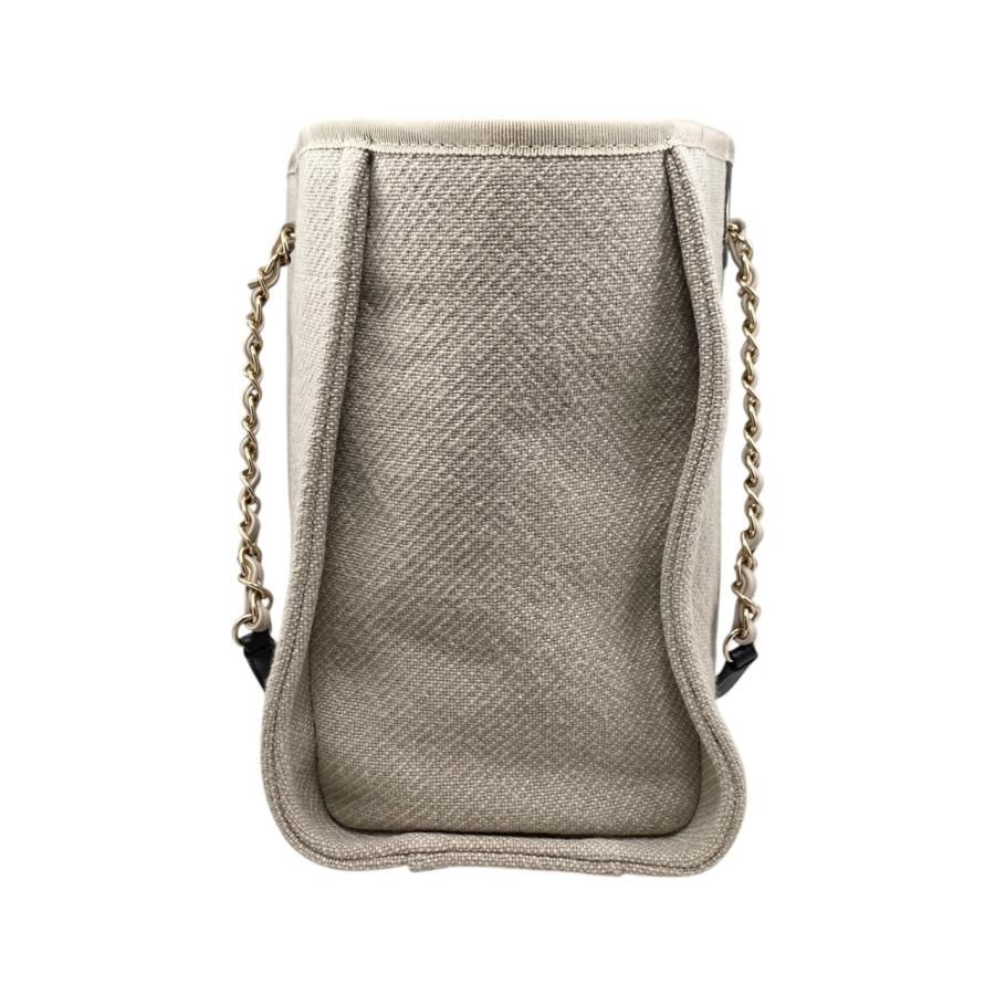 Chanel Tote Bag Deauville MM Canvas Chain Logo Beige Black Gold Hardware — view 4