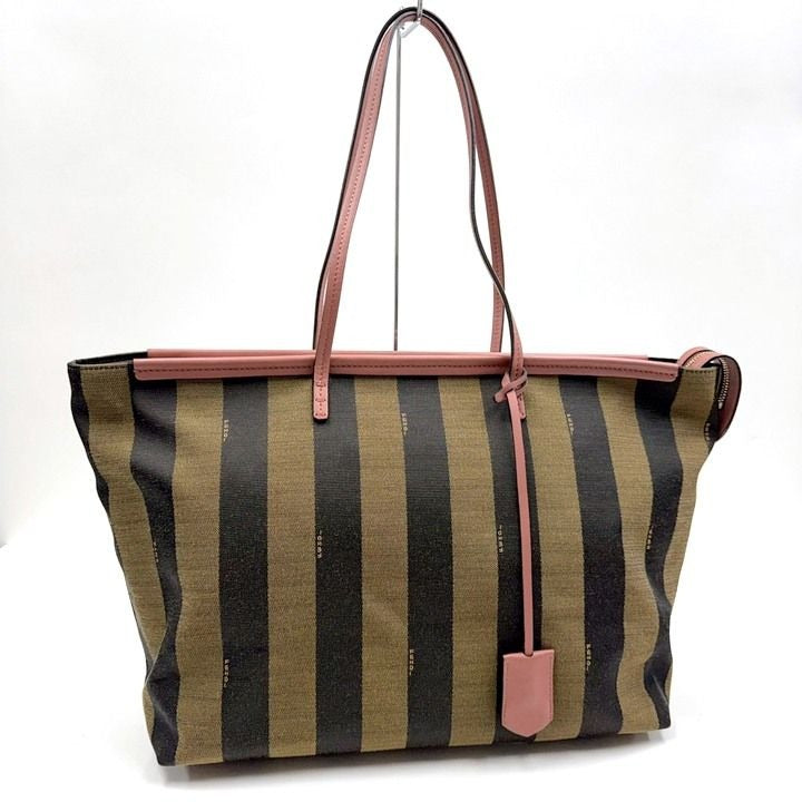 Fendi Pecan Tote Khaki Dark Pink Canvas Leather
