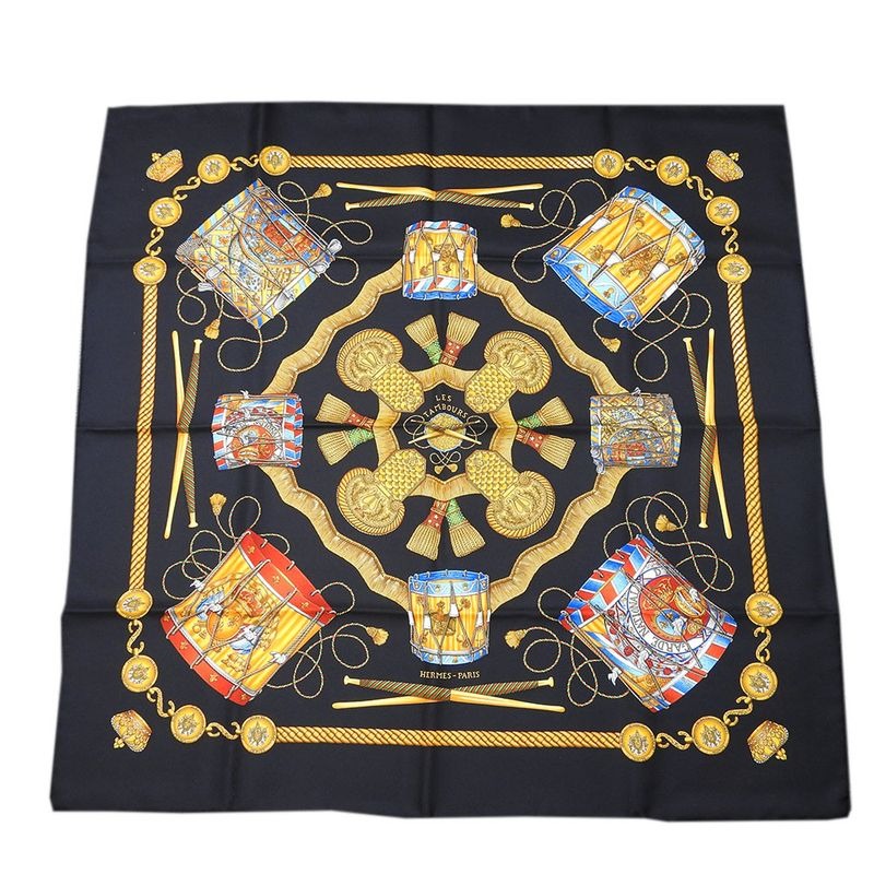 Hermes Scarf Carre 90 Silk Black Gold LES Tambours Tambour Drums