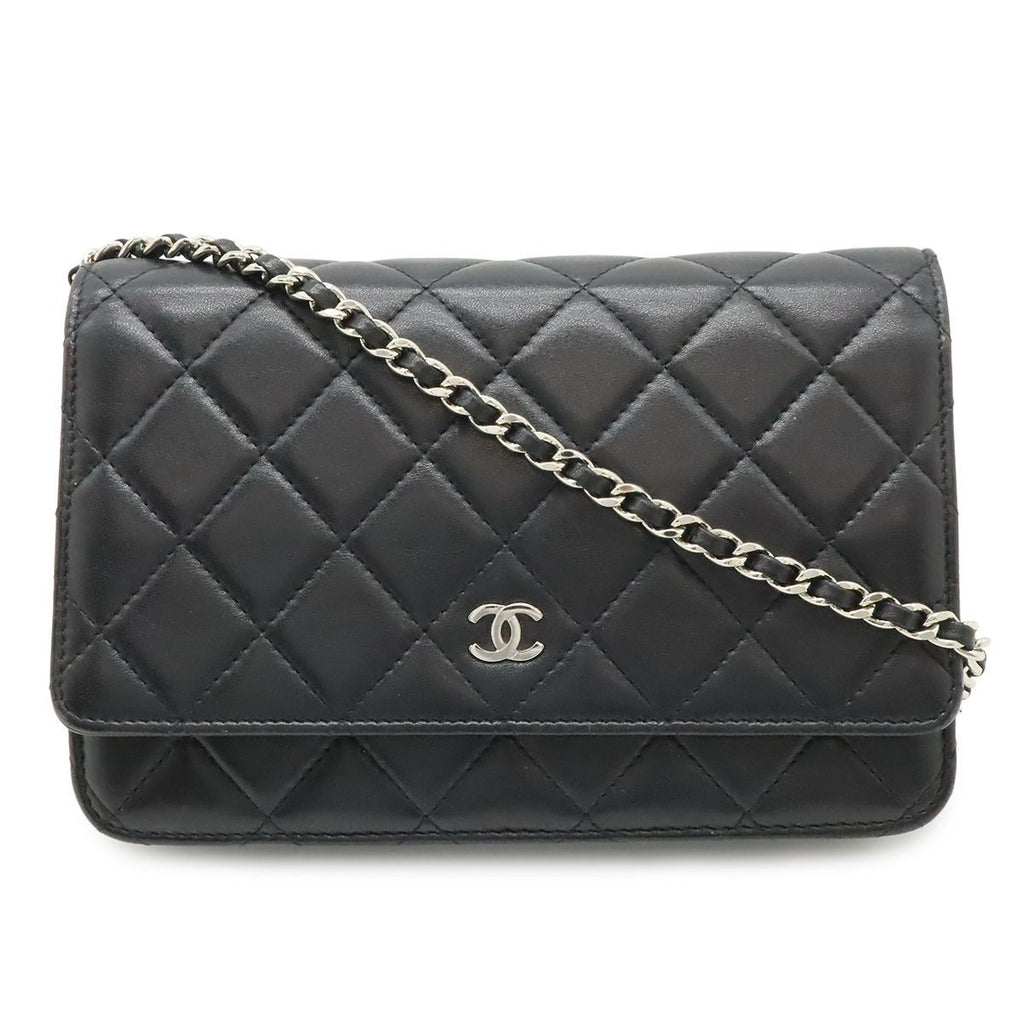 Chanel Quilted Chain Wallet Shoulder Bag Pochette Lambskin Leather Black Silver