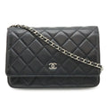 Chanel Quilted Chain Wallet Shoulder Bag Pochette Lambskin Leather Black Silver