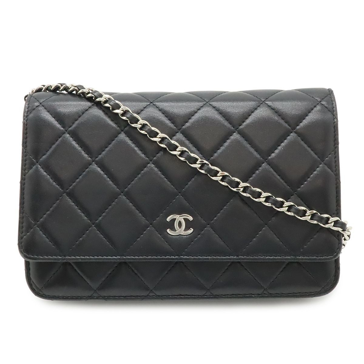 Chanel Quilted Chain Wallet Shoulder Bag Pochette Lambskin Leather Black Silver