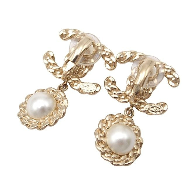 Chanel Earrings CC Logo Swing Gold Metal Costume Pearl Rhinestone — view 2