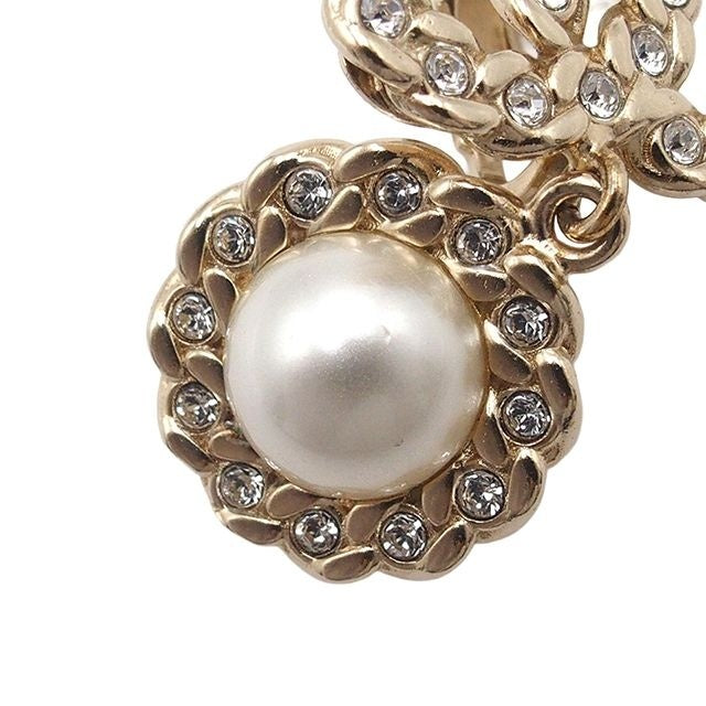 Chanel Earrings CC Logo Swing Gold Metal Costume Pearl Rhinestone — view 4
