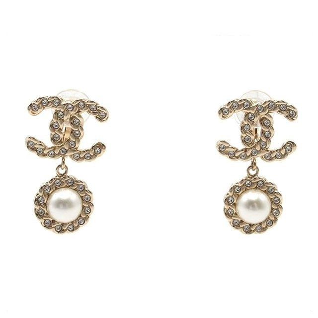 Chanel Earrings CC Logo Swing Gold Metal Costume Pearl Rhinestone
