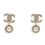 Chanel Earrings CC Logo Swing Gold Metal Costume Pearl Rhinestone
