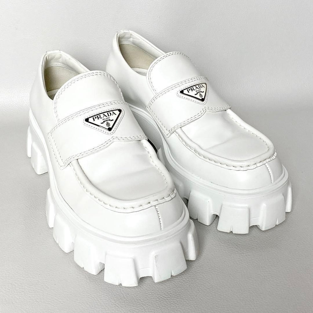 Prada Monolith Brushed Leather Loafers 6.5 White
