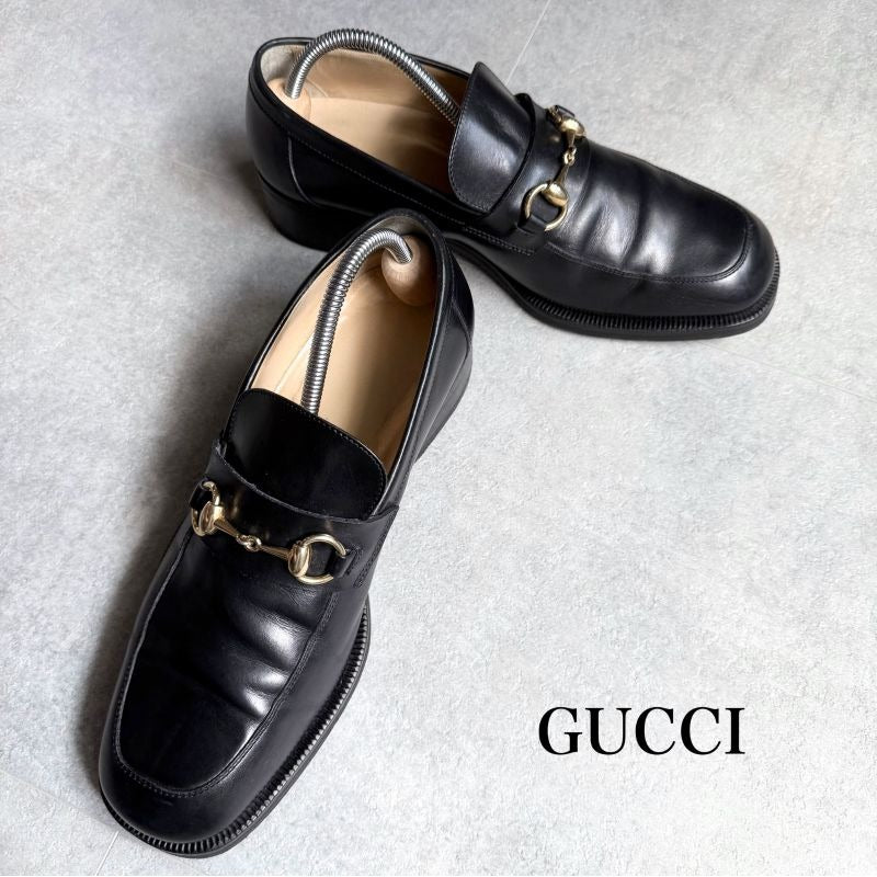 Gucci Horsebit Loafer Square Toe Black Gold Hardware 41 E
