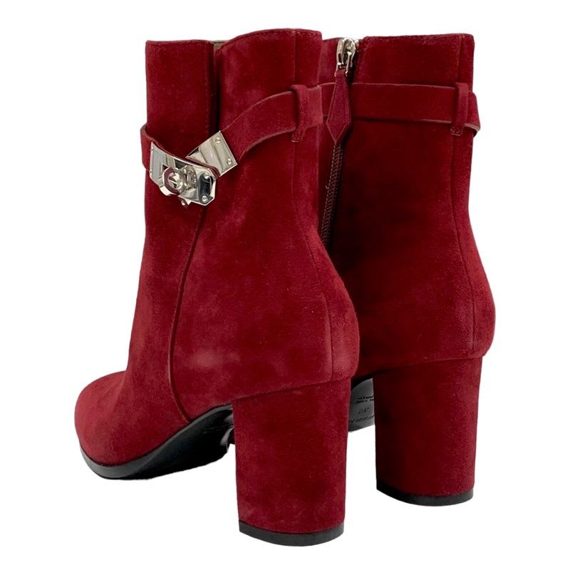 Hermes Saint Germain Boots Short Shoes Kelly Hardware Suede Red Silver — view 4