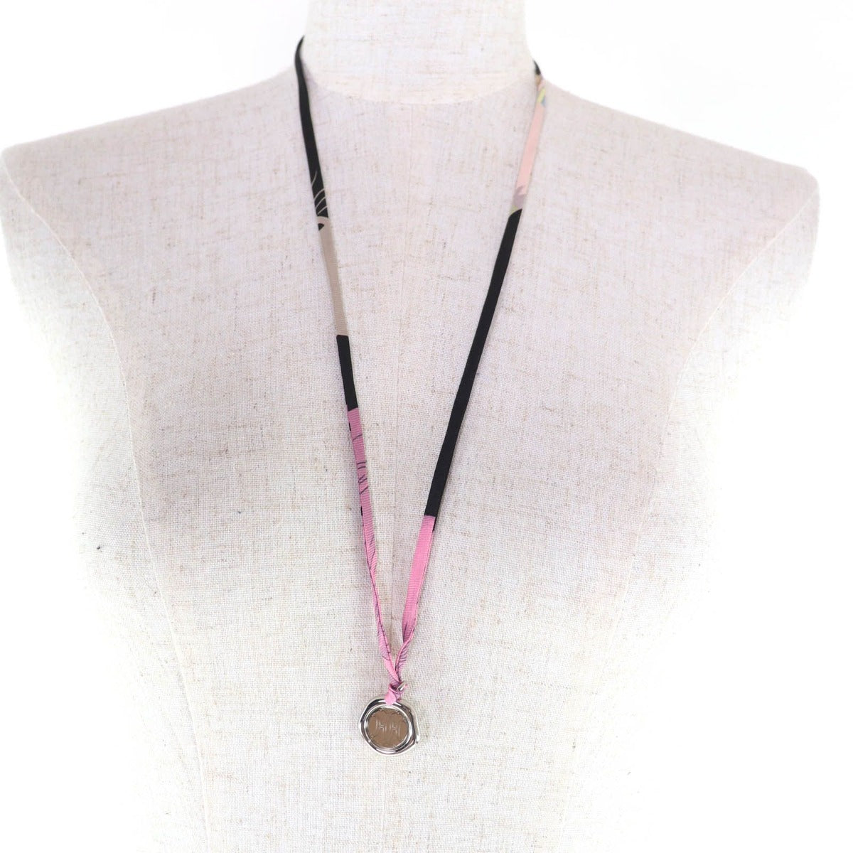 Hermes Motif Medal Tourbillon Silk Cord Necklace Silver Multicolor — view 4