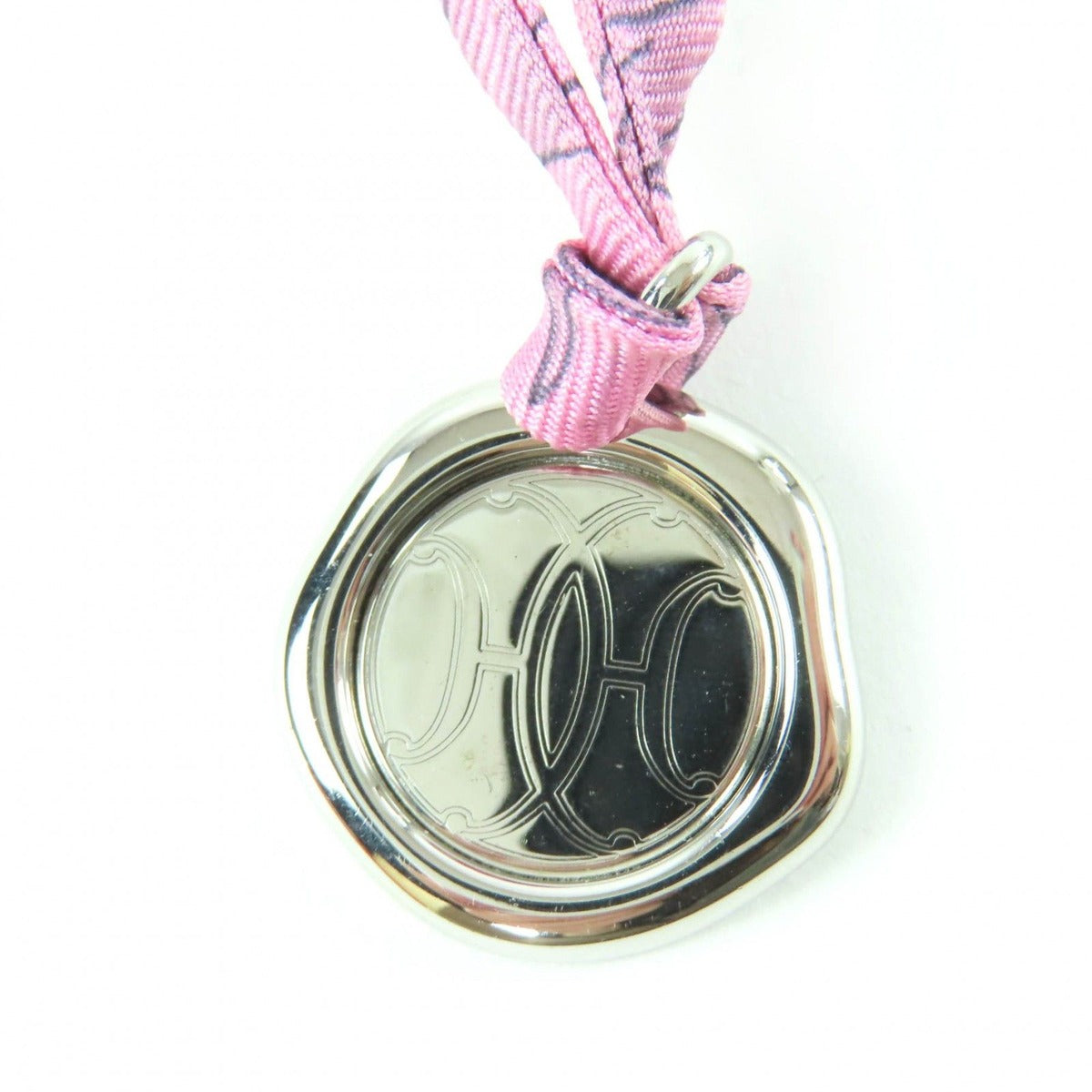 Hermes Motif Medal Tourbillon Silk Cord Necklace Silver Multicolor