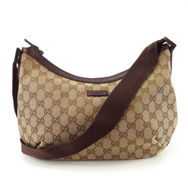 Gucci Shoulder Bag GG Canvas Leather Beige Brown Silver Hardware