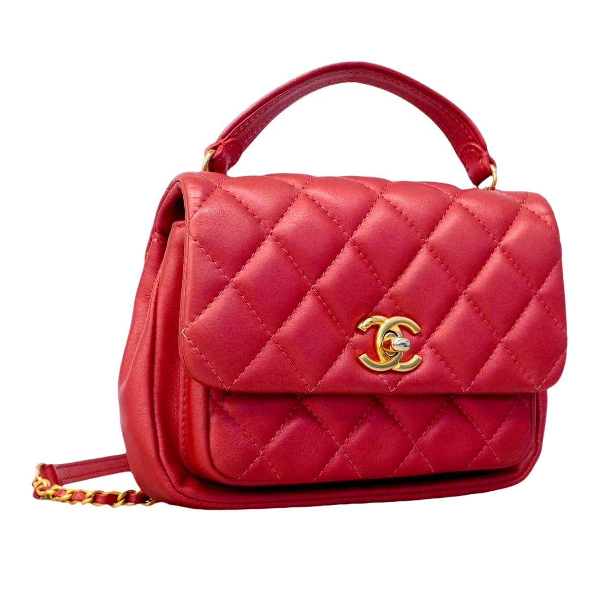 Chanel Handbag Quilted Leather Red Champagne Gold 2-Way — view 2