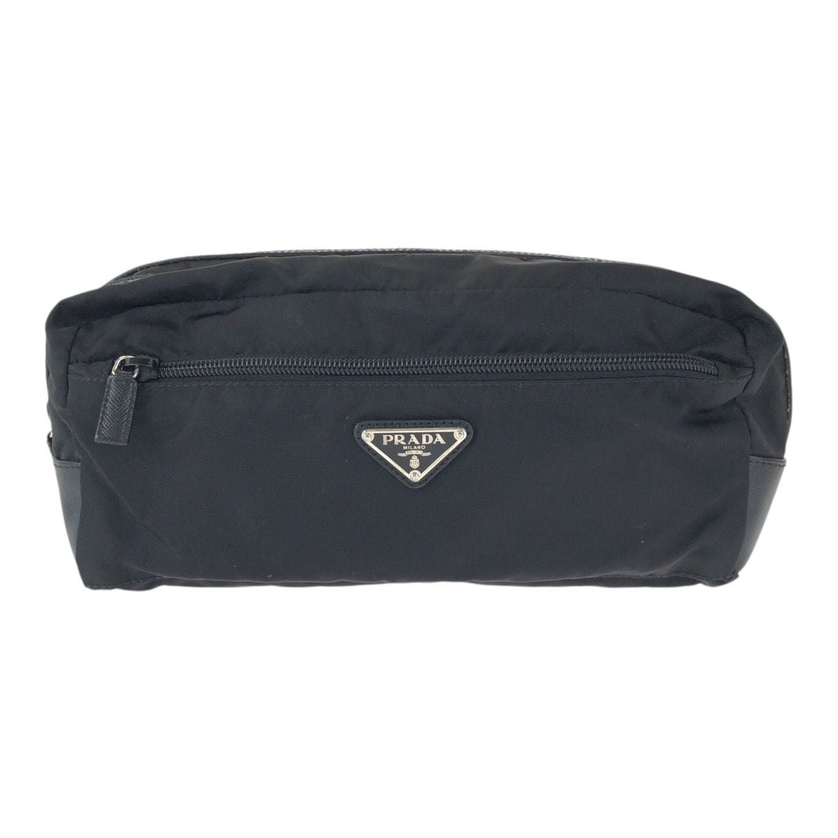 Prada Tessuto Saffiano Black Silver Nylon Leather Clutch