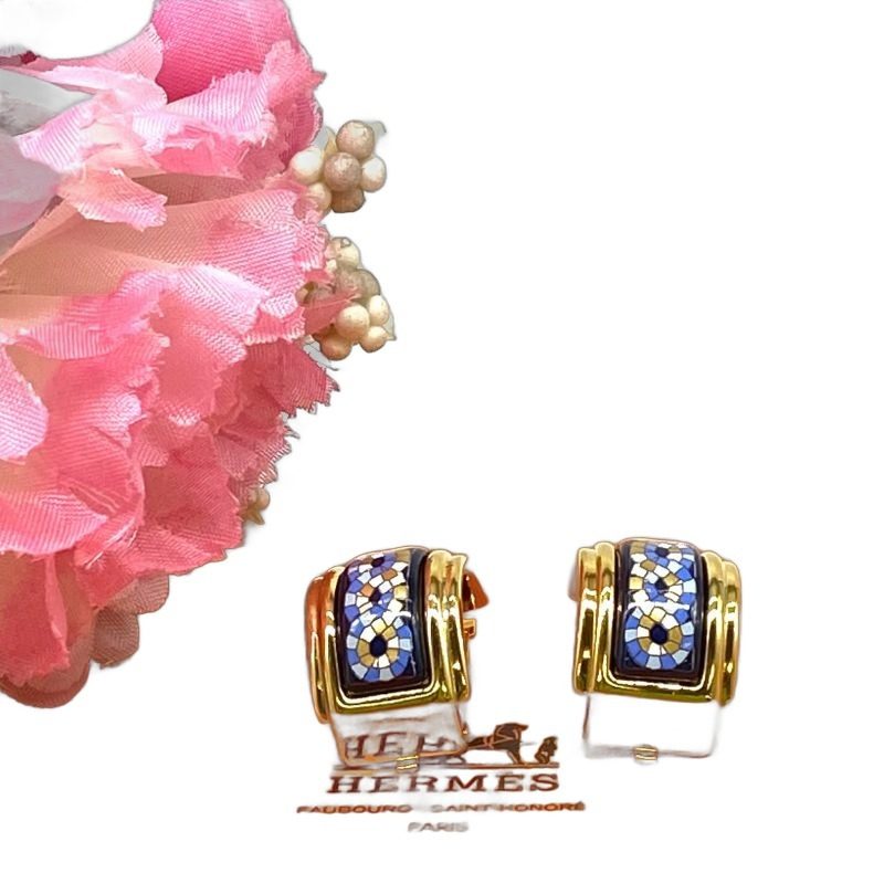 Hermes Enamel Cloisonne Earrings Chain Gold