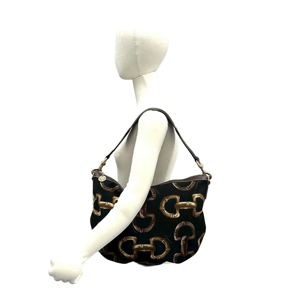 Gucci Horsebit Pattern Canvas Leather Shoulder Bag Tote Black — view 2