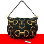Gucci Horsebit Pattern Canvas Leather Shoulder Bag Tote Black