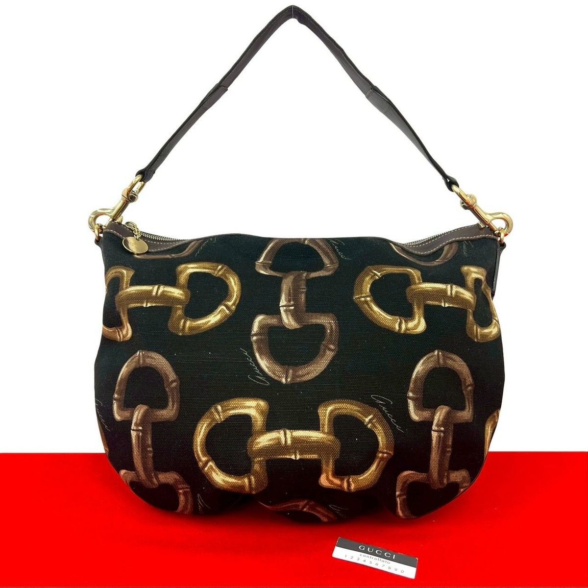 Gucci Horsebit Pattern Canvas Leather Shoulder Bag Tote Black