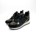 Louis Vuitton Sneakers Shoes Fabric Leather Suede Black Gold Brown Logo In-heel