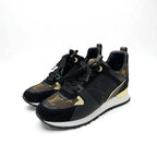 Louis Vuitton Sneakers Shoes Fabric Leather Suede Black Gold Brown Logo In-heel