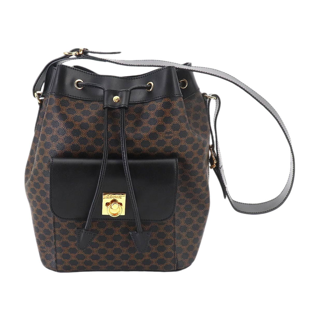 Celine Macadam Drawstring Shoulder Bag Leather Black Brown Gold Vintage