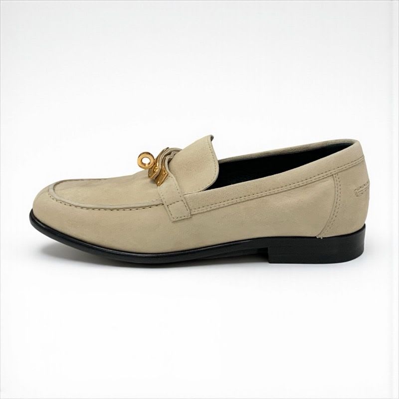Hermes D'esting Loafers Leather Shoes Beige Gold Kelly Hardware — view 3