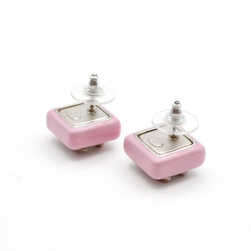 Chanel Earrings Silver Pink Coco Mark Square — view 4