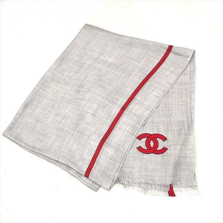 Chanel CC Logo Cashmere Blend Large Shawl Gray Scarf