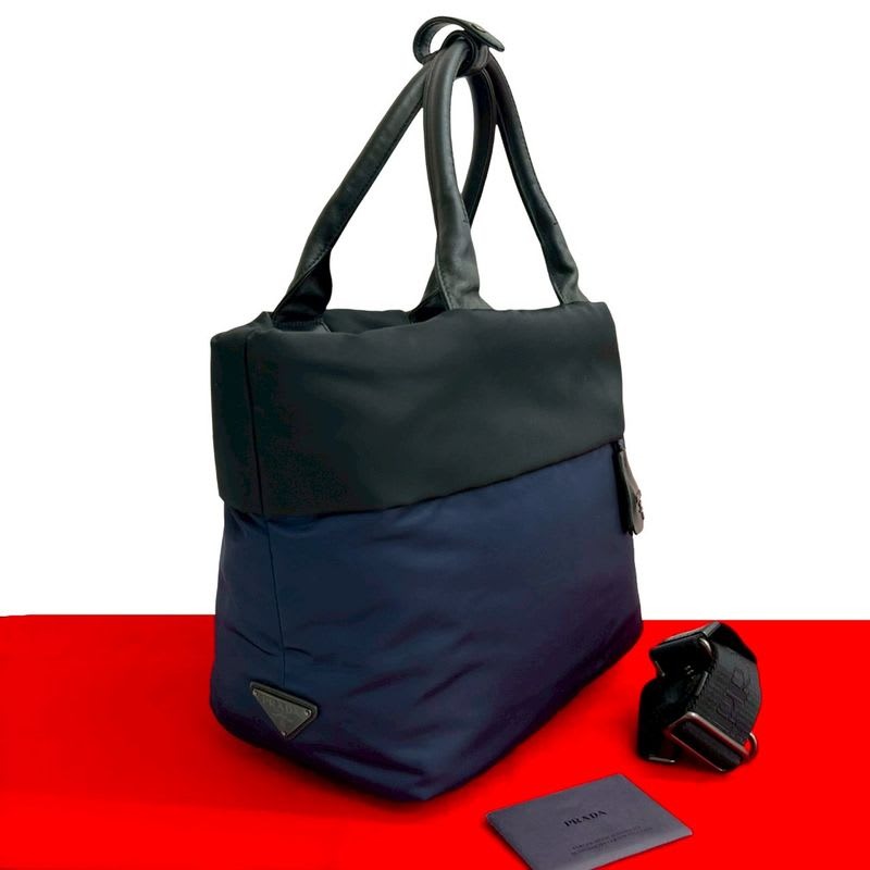 Prada Triangle Logo Hardware Nylon Leather 2-Way Tote Handbag — view 2