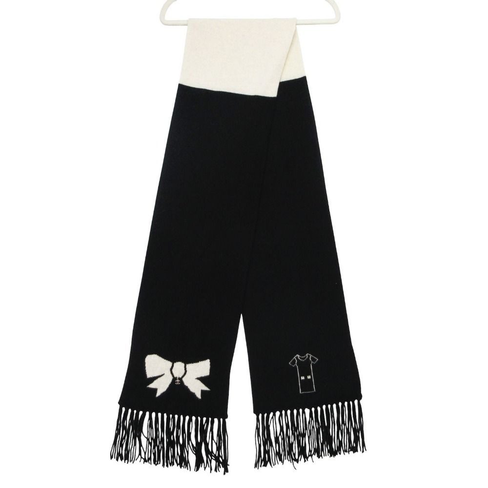 Chanel Scarf Cashmere Ribbon CC Logo Charm Shirt Motif 26 204 cm Black