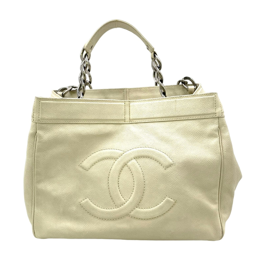 Chanel Limited CC Logo Caviar Leather Off White Chain Handbag Silver