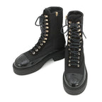 Chanel Short Boots CC Logo Lace Up Nylon Patent 36c Shoes Black