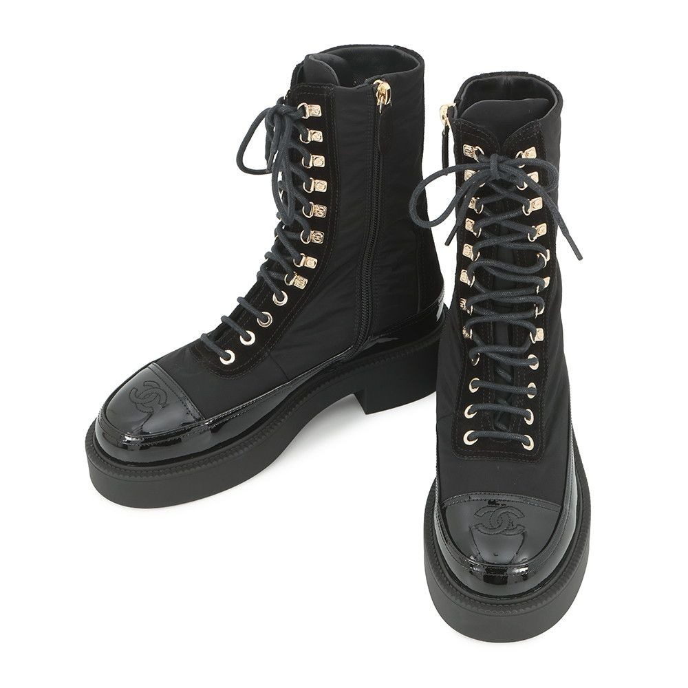 Chanel Short Boots CC Logo Lace Up Nylon Patent 36c Shoes Black