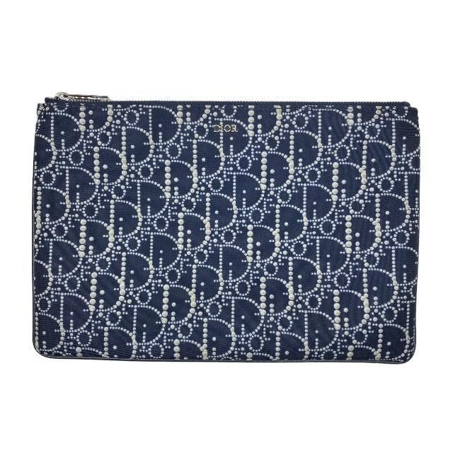 Christian Dior Clutch Bag Second Small Pouch Logo Oblique Nylon Navy