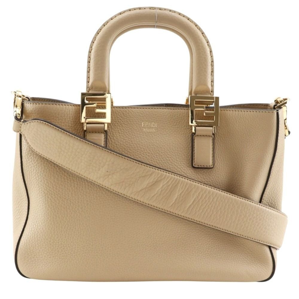 Fendi FF Tote Small 2-Way Shoulder Calf Beige Handbag