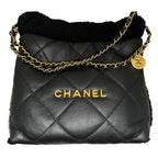 Chanel 22 Small Handbag Chain Bag Shearling Aged Lambskin Black Gold Hardware — view 2